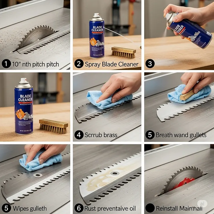 Step-by-step visual guide on how to properly clean and maintain a 10 inch table saw blade to ensure its sharpness and extend its lifespan.