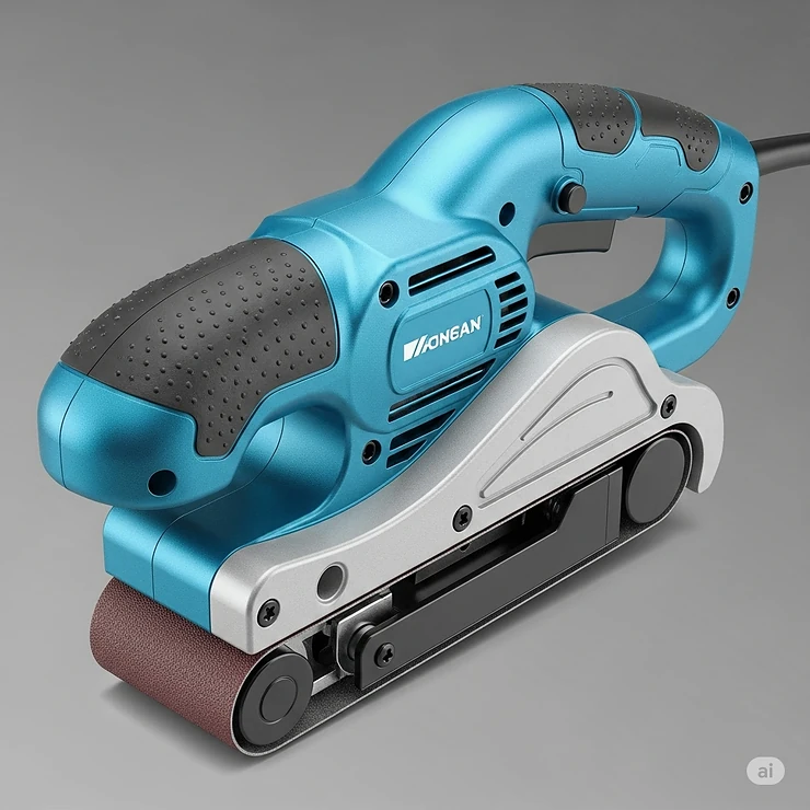 Detail shot of a compact, handheld belt sander, emphasizing its ergonomic design and ease of use for intricate sanding tasks.