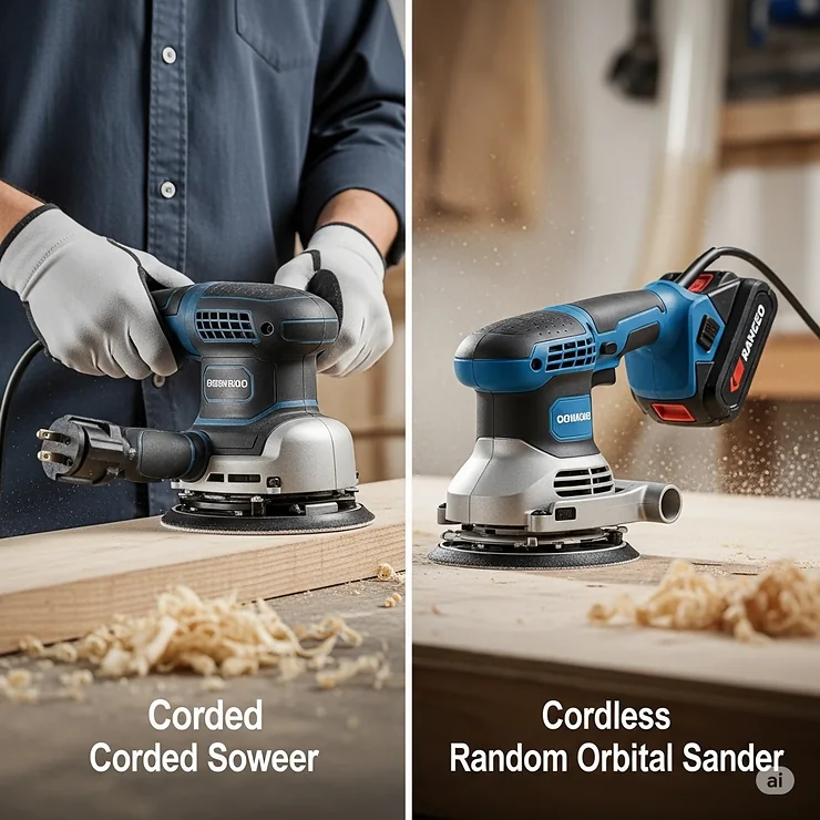 Visual representation of both corded and cordless options for best-rated random orbital sanders, showing their respective power sources.