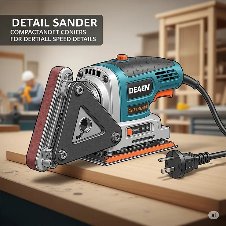An illustration showing a compact detail sander machine with its triangular pad, perfect for intricate woodworking and corners.