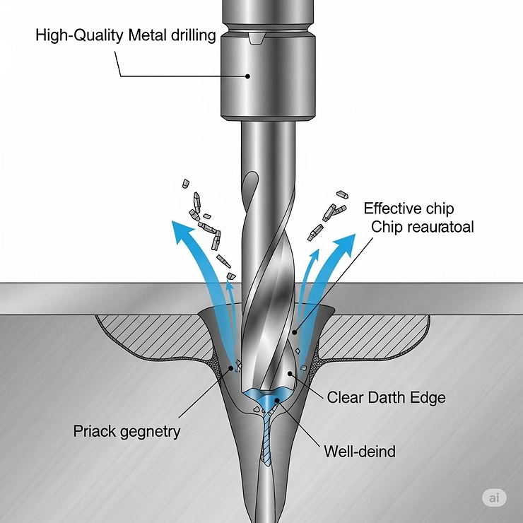 Diagram showing a good metal drill bit cleanly cutting through a cross-section of a metal sheet, illustrating the drilling process and chip evacuation.