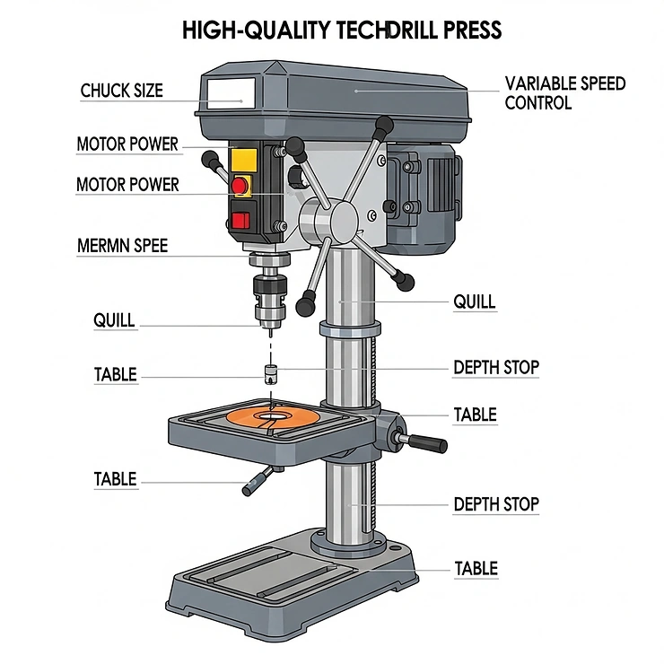 A diagram pointing out essential features of a high-quality drill press, such as chuck size, motor power, and variable speed control, crucial considerations for finding the best drill press.