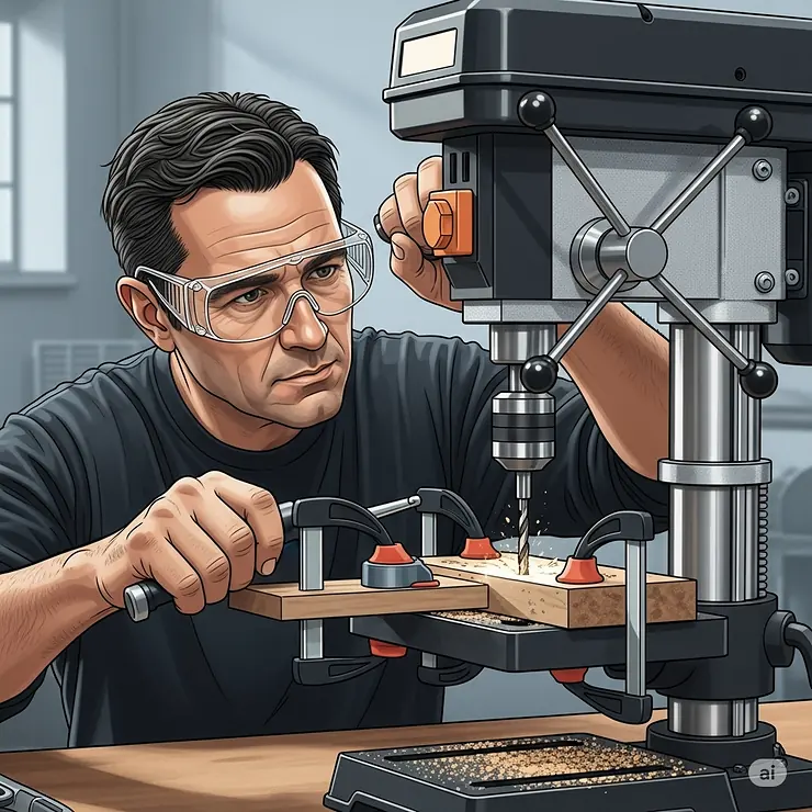 An illustration depicting a user safely operating a drill press, wearing safety goggles and using clamps, emphasizing important safety practices for anyone using a drill press.