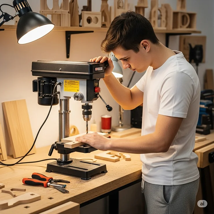 A compact benchtop drill press being used by a hobbyist for precise drilling in a woodworking project, perfect for smaller workshops looking for the best drill press option.