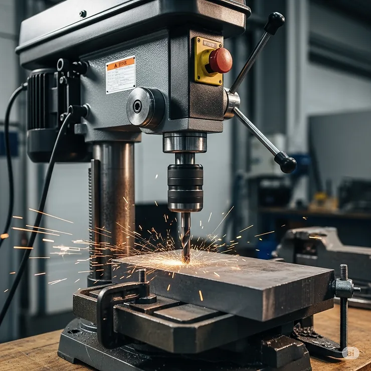 A robust floor standing drill press effortlessly drilling through a thick metal plate, demonstrating its power and stability for heavy-duty applications, a top choice for the best drill press in a professional setting.