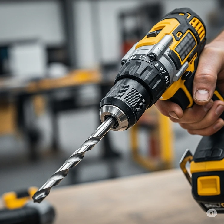 A person's hand firmly holding a power drill with a high-performance good metal drill bit securely inserted, ready for precision drilling.