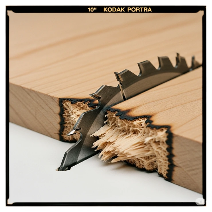 Visual representation of common issues caused by a dull 10-inch table saw blade, including burn marks, tear-out, and rough cuts on wood.