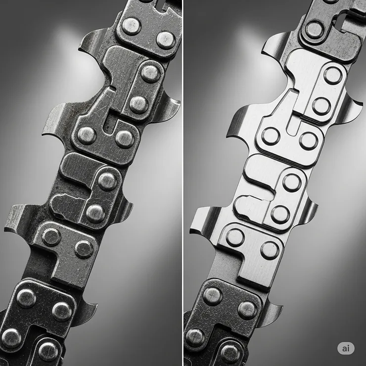 Visual comparison illustrating the difference between a dull chainsaw chain and a sharp one, emphasizing why a well-maintained chain is the best chainsaw chain for clean cuts.