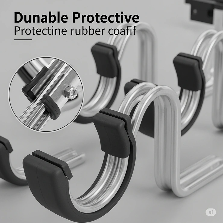 Close-up of durable, rubber-coated steel cycle hooks, designed to protect bike rims and frames in the garage.
