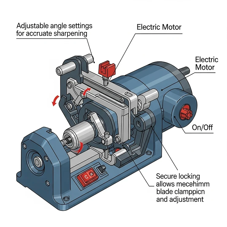 Diagram showcasing the key features of an electric saw blade sharpener, including adjustable angles, motor, and blade clamping mechanism.