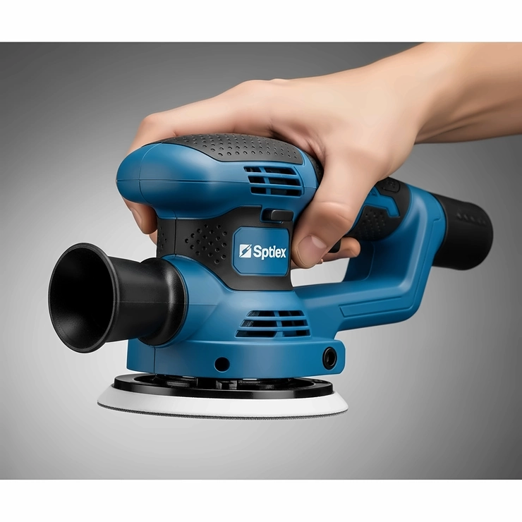 Hand holding an ergonomically designed random orbital sander, emphasizing its comfortable grip for extended use.