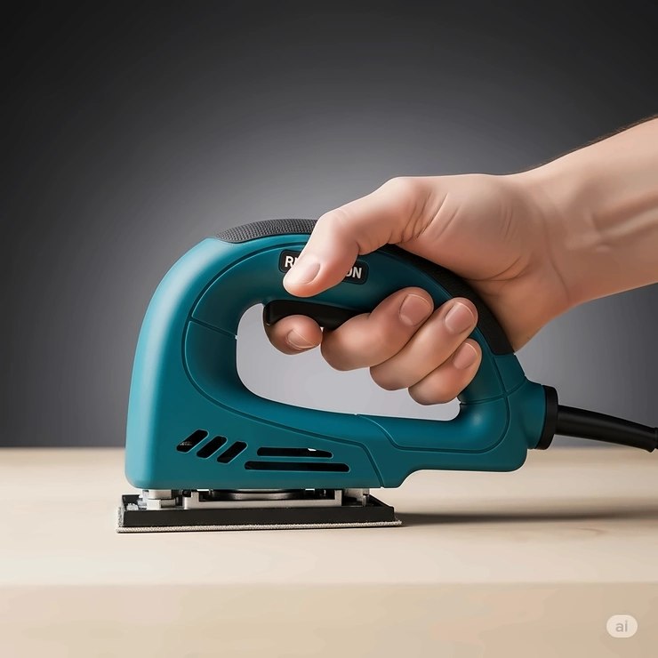 A hand comfortably gripping an ergonomically designed sander, emphasizing the importance of comfort when choosing the best sander for extended furniture sanding tasks.