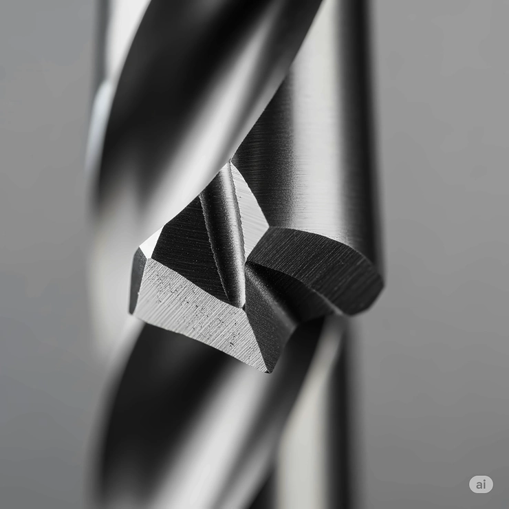 Close-up view of the sharp, precisely ground tip of a high-quality metal drill bit, emphasizing its cutting edges and durable construction essential for efficient drilling in metal.
