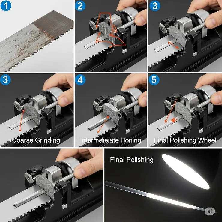Step-by-step graphic demonstrating the process of using a saw blade sharpener to achieve a perfectly sharpened edge, from setup to final polish.