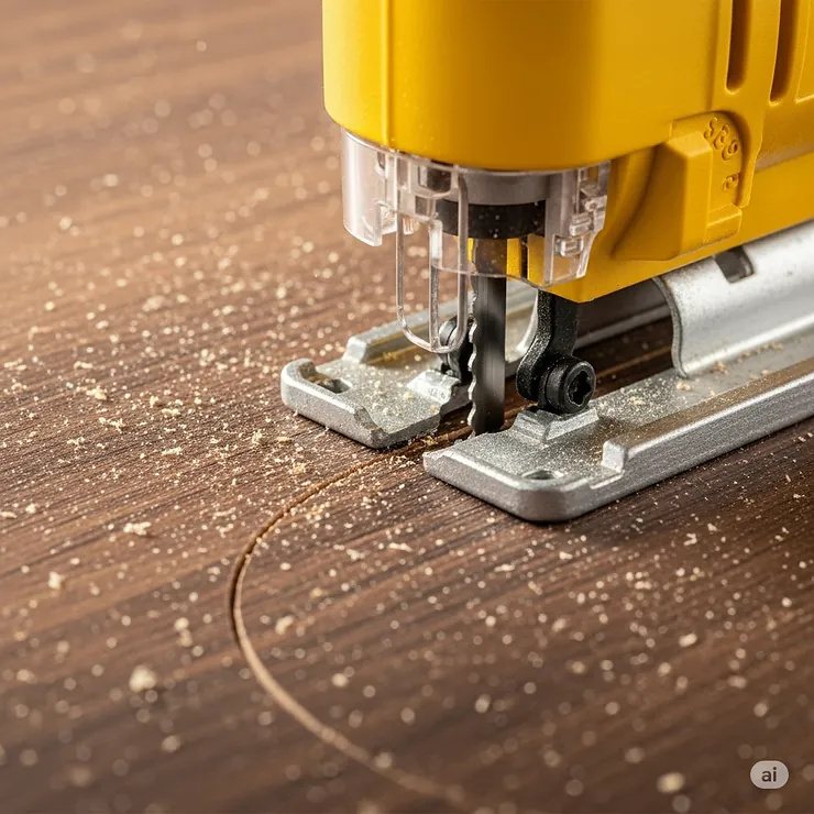 Jigsaw creating a smooth curved cut on plywood, demonstrating the maneuverability of a recommended jigsaw.