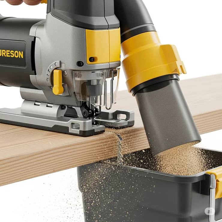 Jigsaw with an active dust collection system, illustrating a clean workspace with this recommended jigsaw.