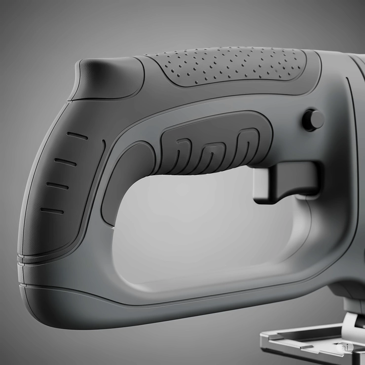 Close-up of an ergonomic jigsaw handle, emphasizing the comfortable grip of a highly recommended jigsaw.