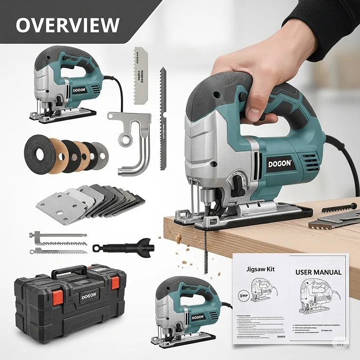 Comprehensive recommended jigsaw kit with various accessories, ready for diverse cutting tasks.