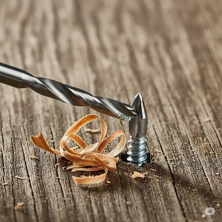 A left-handed drill bit successfully removing a stripped screw from a wooden surface, demonstrating its effectiveness in fastener extraction.