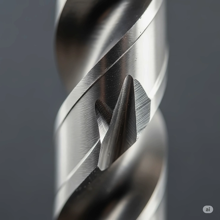 Close-up view of the flute and cutting edge of a left-handed drill bit, showing its reverse rotation design for extracting broken fasteners.