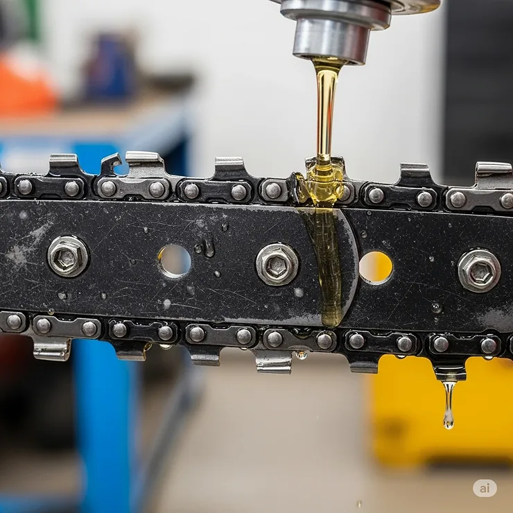 Chainsaw chain being properly lubricated, showing the importance of oil for smooth operation and durability of the best chainsaw chain.
