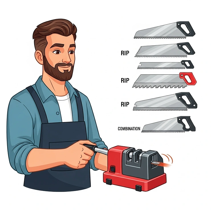 An illustration of a user operating a manual saw blade sharpening tool, demonstrating its compact design and ease of use for various blade types.