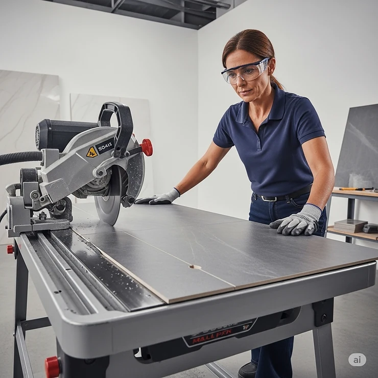 A user demonstrating proper and safe operation of a wet tile saw, wearing safety glasses and gloves while accurately cutting a large format tile.