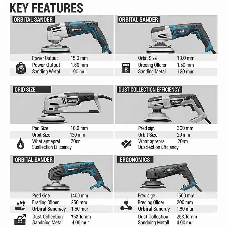 A comparison chart visually detailing key features of different orbital sander models, helping users choose the best tool for their needs.