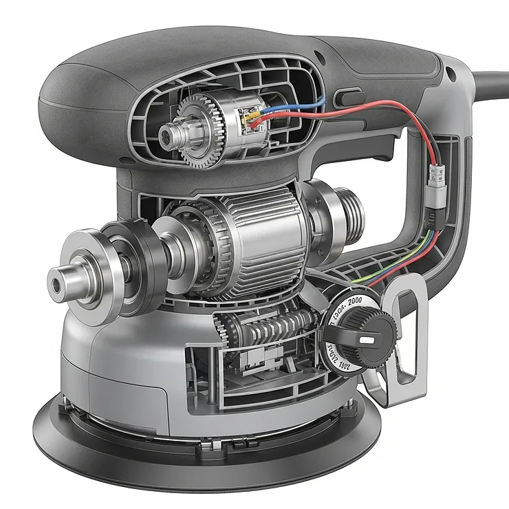 Cutaway illustration highlighting the powerful motor and variable speed control of a high-performance orbital sander, ensuring efficient material removal.