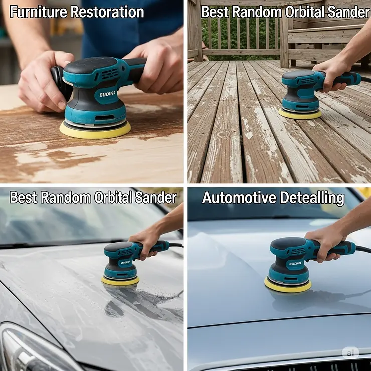 Collage of images depicting diverse applications for the best random orbital sander, including furniture restoration, deck refinishing, and automotive detailing.