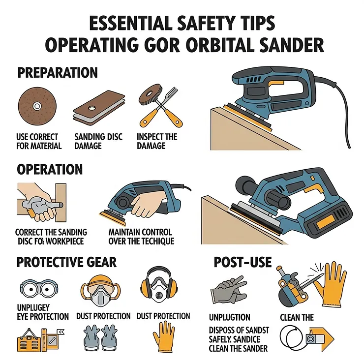 Infographic on essential safety tips for using an orbital sander, emphasizing proper technique and protective gear for safe operation.