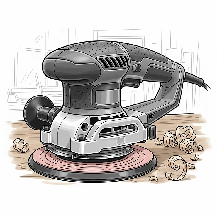 An illustration of a random orbital woodworking sander machine with its circular sanding pad visible, ready for use.
