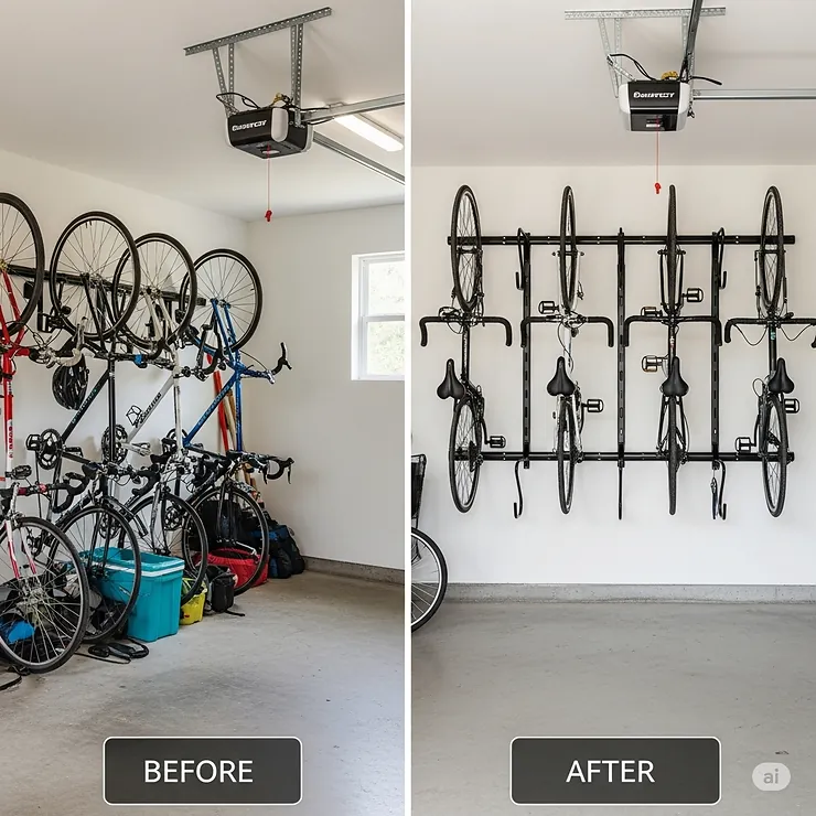 Before-and-after view of a garage transformed by efficient cycle hooks, showcasing improved organization and space utilization.