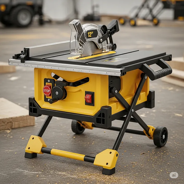 Compact and portable 12 inch table saw, ideal for job site use and easy transport.