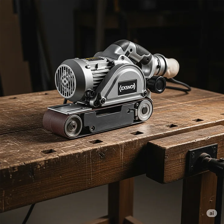 A portable belt sander resting on a sturdy workbench, ready for use, emphasizing its robust construction and readiness for heavy-duty work.