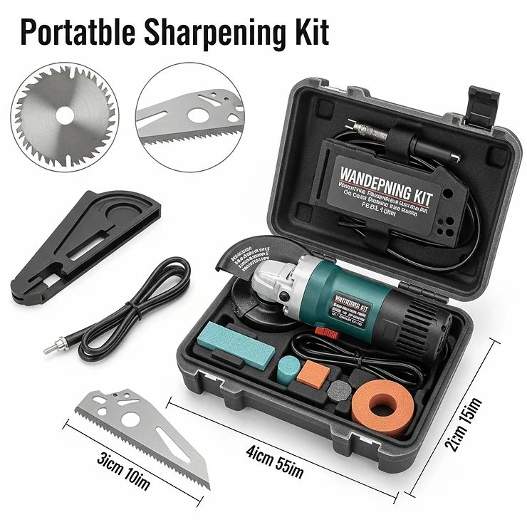 Image of a portable saw blade sharpening kit, ideal for on-site use, showing its compact size and essential components for quick maintenance.
