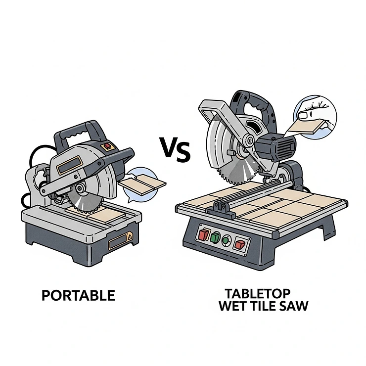 Comparison illustration showcasing the differences between a compact, portable wet tile saw and a larger tabletop model, ideal for different job site needs.