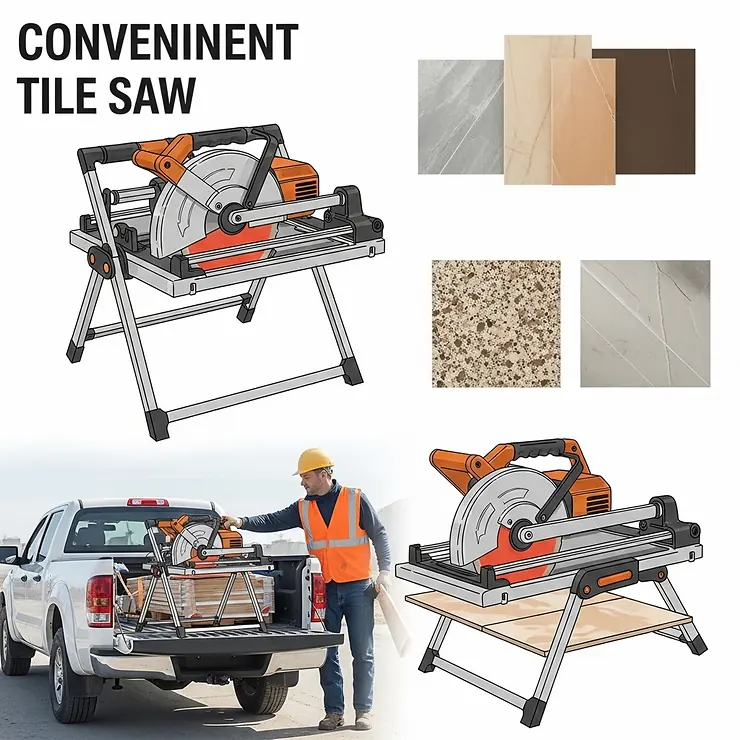 An illustration of a compact, portable tile saw, ideal for easy transport and use on various job sites, emphasizing its convenience.