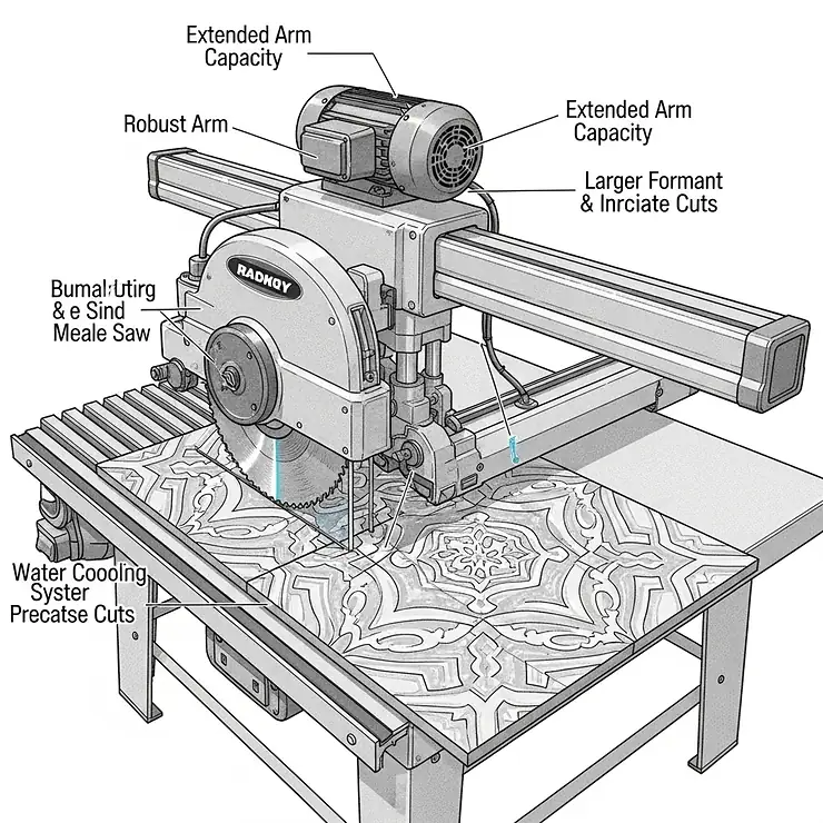 An illustration of a radial arm tile saw, emphasizing its extended cutting capacity for larger format tiles and intricate cuts.