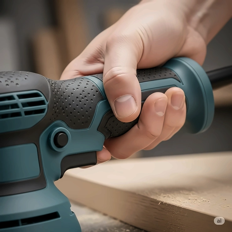 Detail view of a random orbital sander's comfortable, anti-vibration ergonomic grip, ideal for extended use in woodworking projects.
