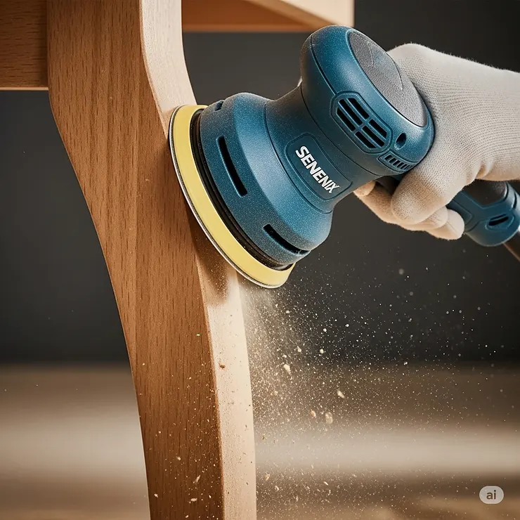 A random orbital sander efficiently smoothing a curved table leg, highlighting why it's often considered the best sander for versatile furniture projects.