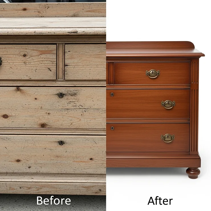 A side-by-side comparison of a piece of furniture, showing the rough "before" texture and the smooth, refined "after" finish achieved with the best sander.