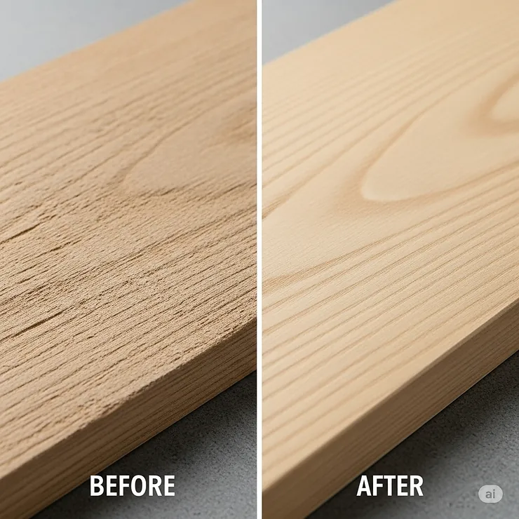 Side-by-side comparison showcasing the smooth, swirl-free finish achieved on a wooden board using a high-quality random orbital sander.