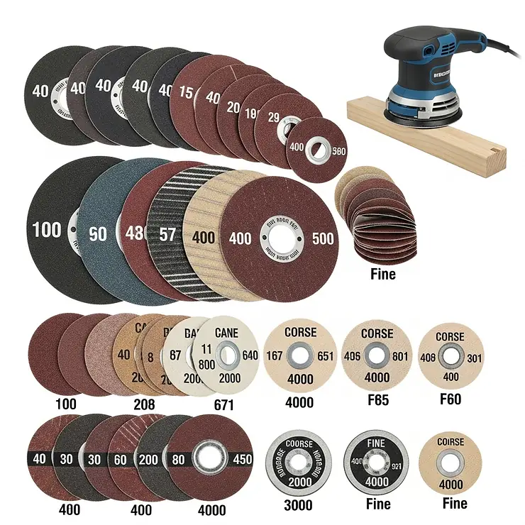 Assortment of different grit sandpaper discs commonly used with a random orbital sander, from coarse to fine.
