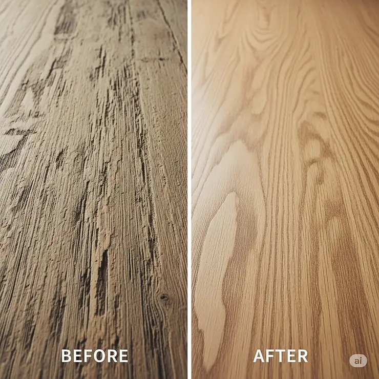 Side-by-side comparison of a wood surface before and after being sanded with one of the best orbital sanders, demonstrating a smooth and flawless finish.
