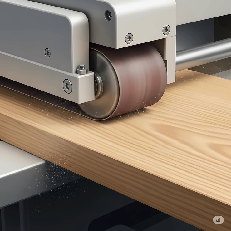 A close-up illustration demonstrating a woodworking sander machine smoothing the grain of a wooden board, creating a refined finish.