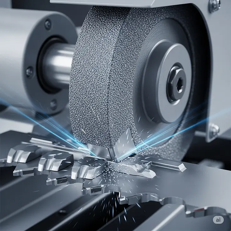 Detailed illustration focusing on the abrasive grinding wheel of a saw blade sharpener, emphasizing its material and effectiveness in restoring blade teeth.