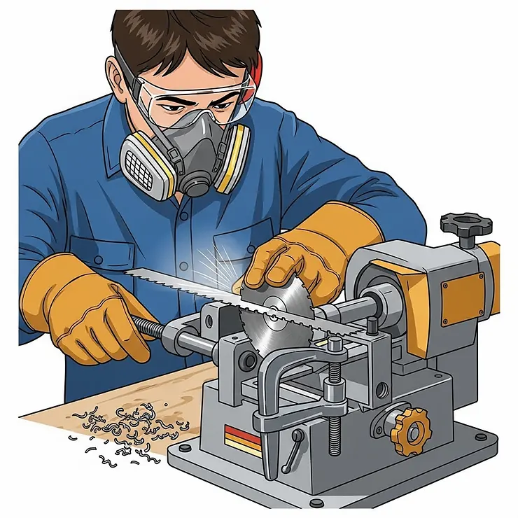 Illustration highlighting important safety precautions to follow when operating a saw blade sharpener, such as wearing protective gear and securing the blade.