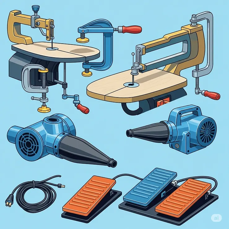 An illustration displaying essential scroll saw accessories such as clamps, dust blowers, and foot pedals, enhancing the user's experience and precision.