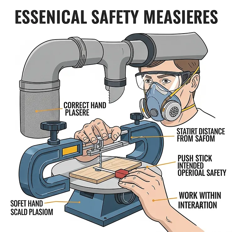 An illustration depicting essential safety measures when operating a scroll saw, including eye protection, dust collection, and proper hand placement.
